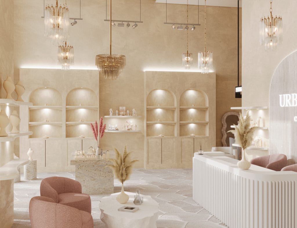 Jewelry store design with curved shelves and soft lighting by Decorilla