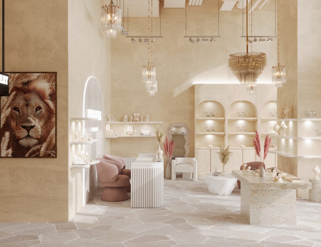 Jewelry store ideas breaking neutral layout with arches, by Decorilla