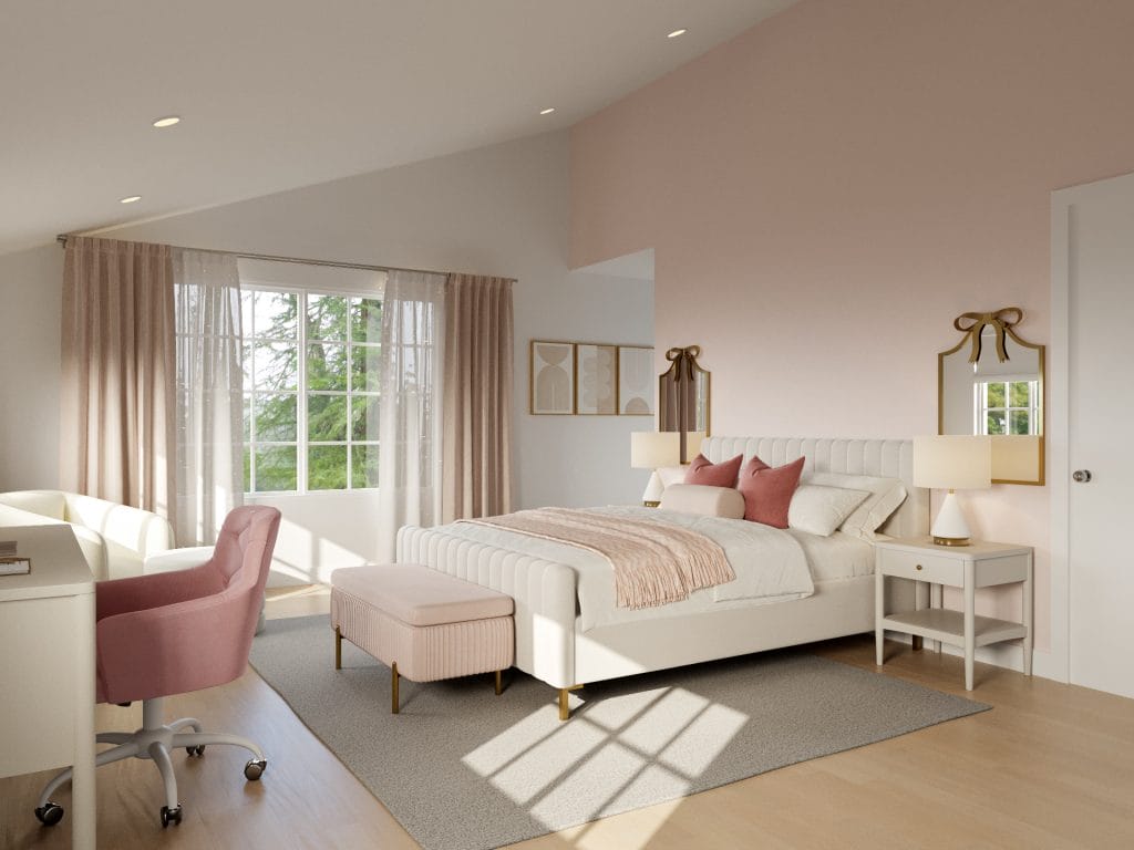 Layered pastel tones in the girl's bespoke bedroom design by Decorilla