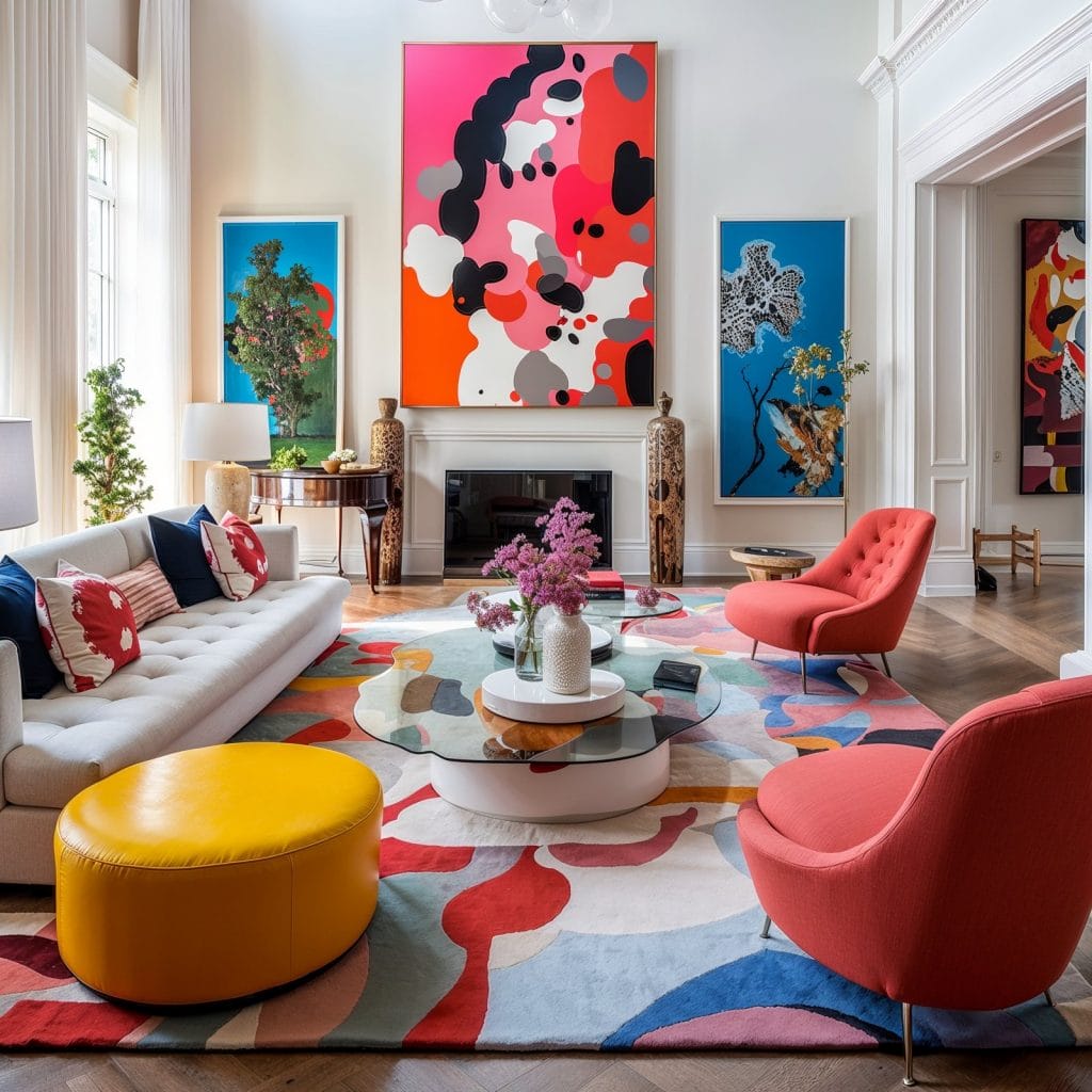 Loud luxury with bold art and graphic flooring by Decorilla