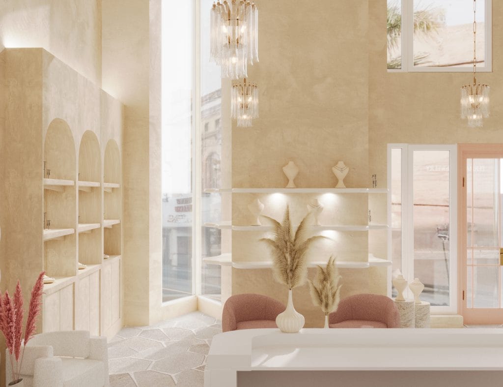 Minimal jewelry store layout with open shelving by Decorilla