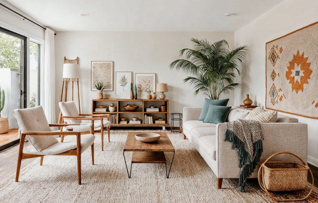 Modern bohemian living room decor by DECORILLA