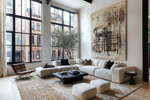 Modern boho living room in warm minimalist design by DECORILLA