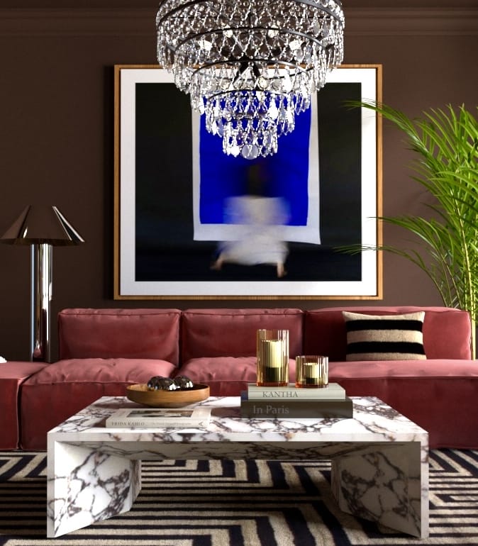 Modern glam lounge with old world chandelier by Decorilla designer Mayra W