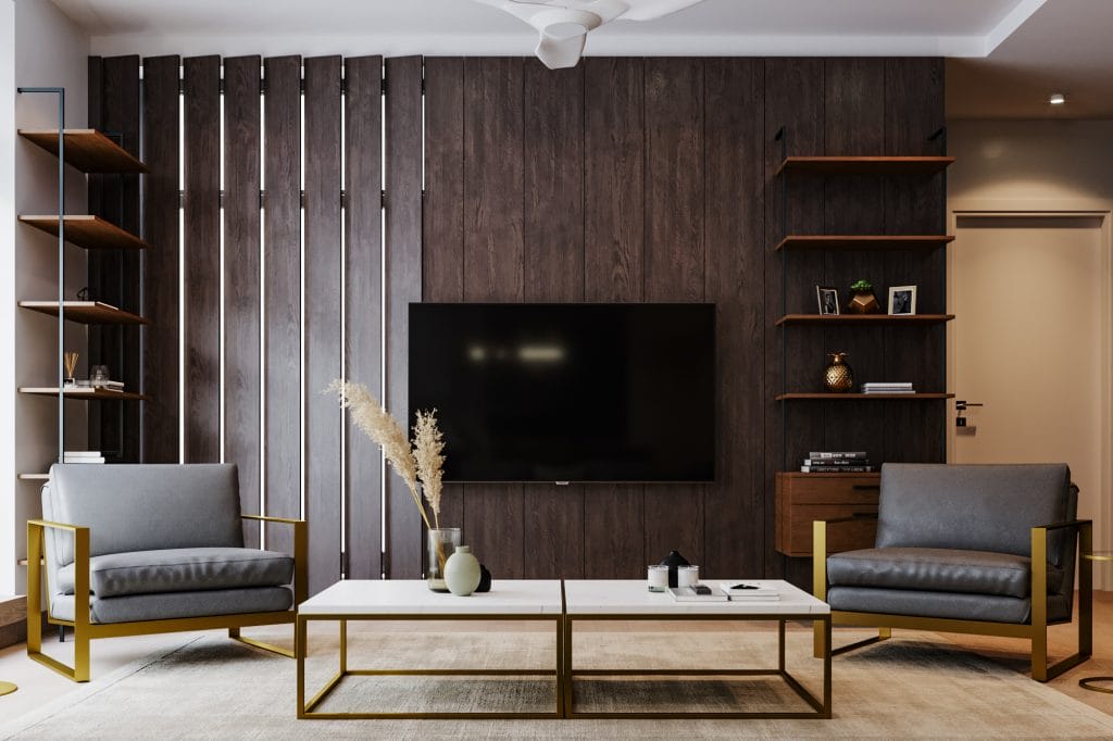 Modern living room with mixed wood accent wall by DECORILLA designer, Mladen C.