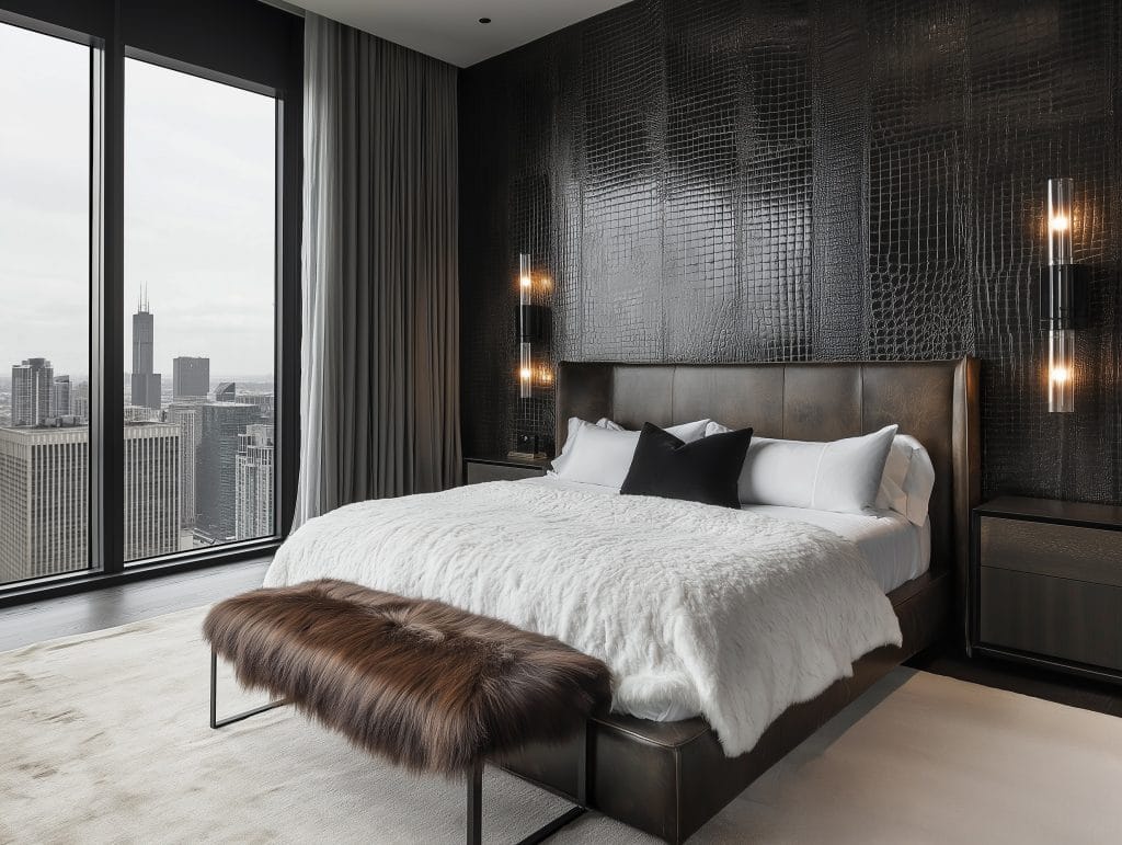 Modern luxurious bedroom with warm decorative bedroom lights by DECORILLA designer, Matthew J.