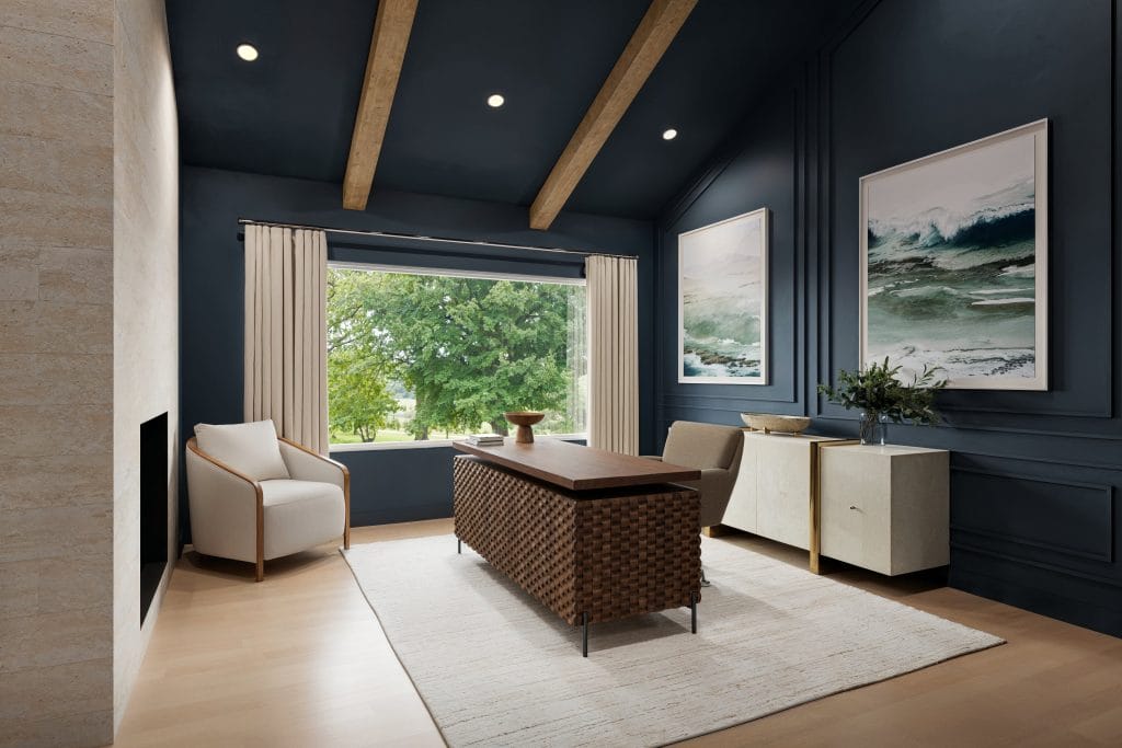 Neutral palette, sharp layout of the home office section in a bespoke bedroom by Decorilla
