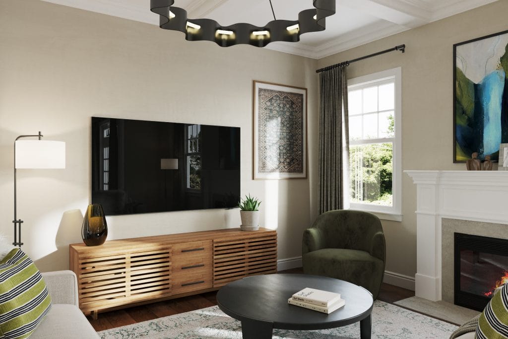 Neutral tones in a Craftsman family room by Decorilla