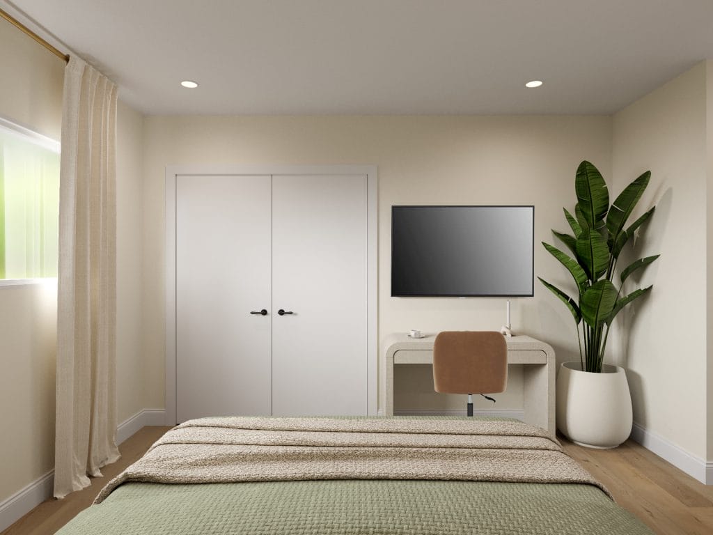 Quiet finishes and smart structure in a bespoke bedroom design by Decorilla