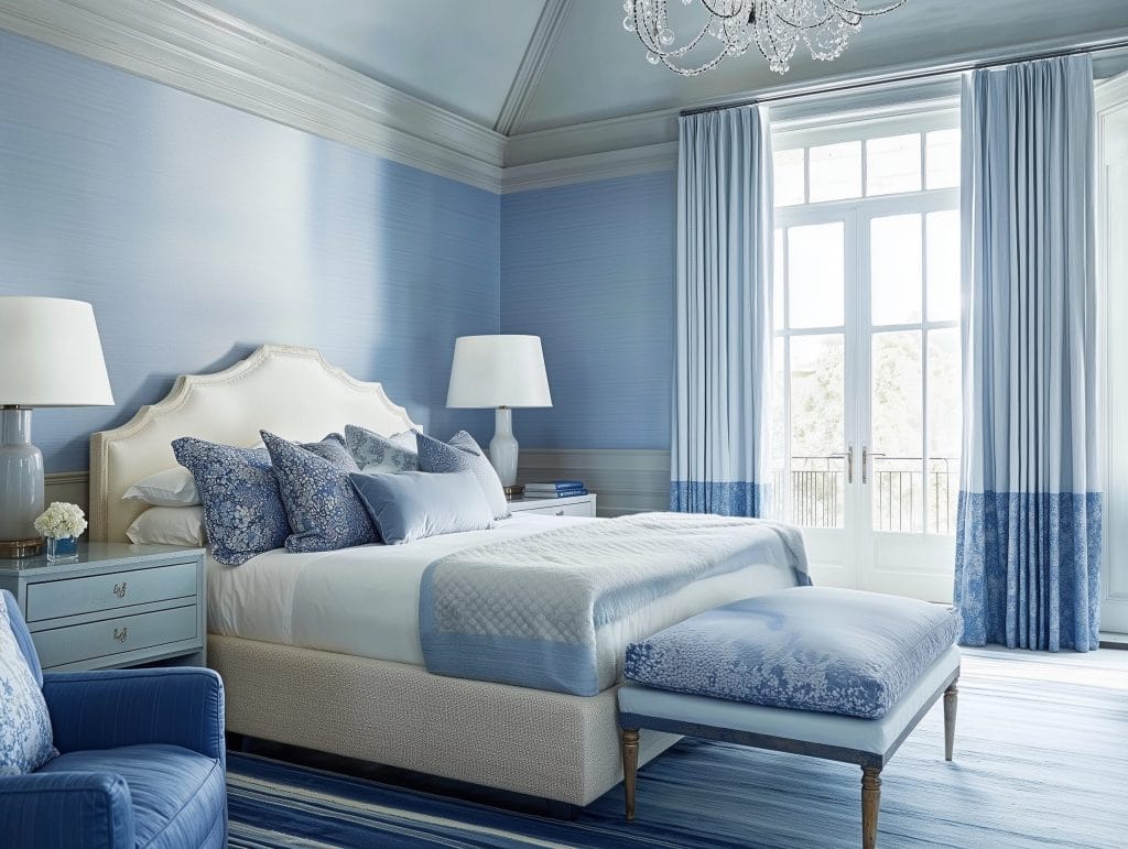 Relaxing bedroom colors balancing blue tones in a room designed by Decorilla