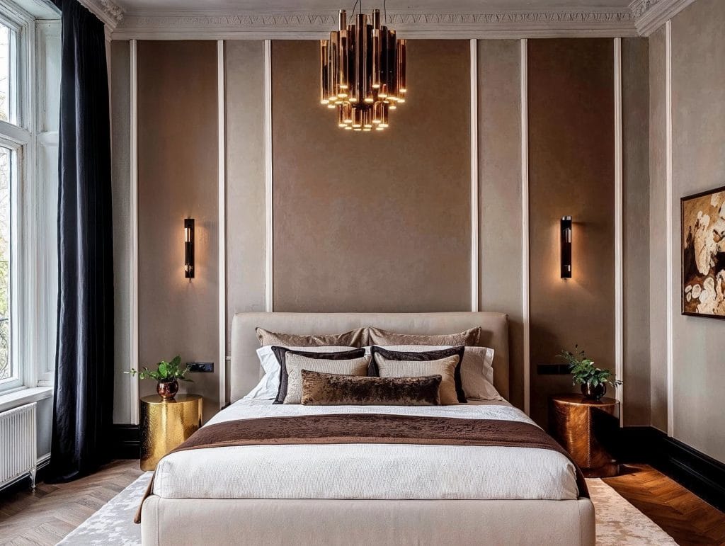 Relaxing bedroom colors frame a low upholstered bed in an interior by Decorilla