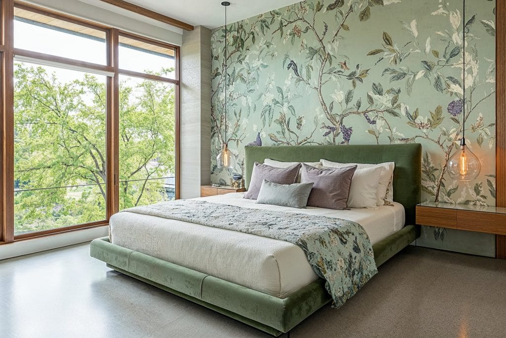 Relaxing sage green colors in a bedroom by Decorilla