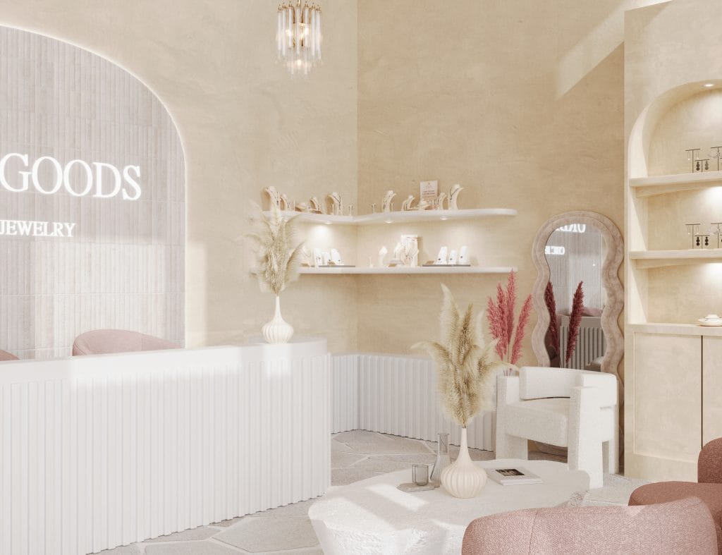 Sculptural jewelry store interior design with matte textures by Decorilla