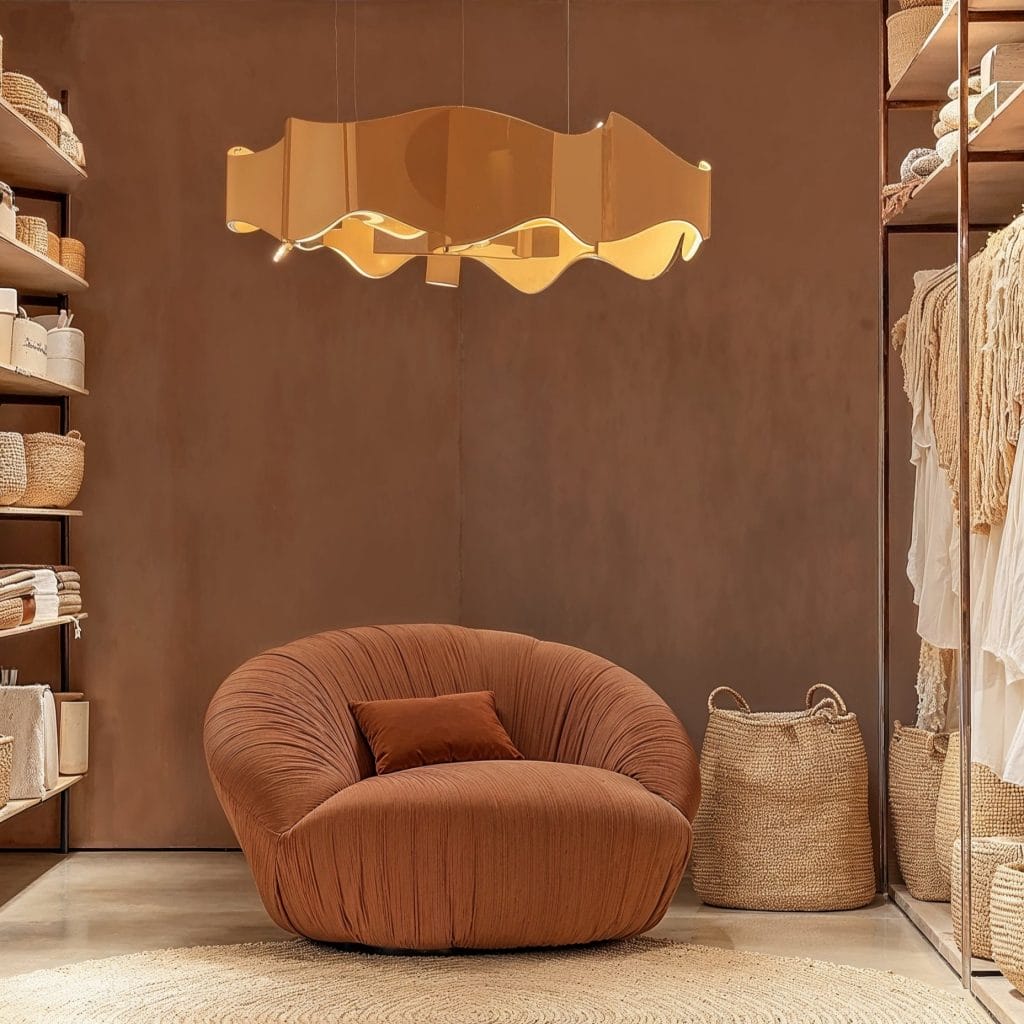 Shop interior design with accent curvy seating, by Decorilla