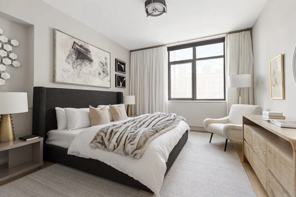Soothing bedroom colors in an interior by Decorilla designer Leanna S.