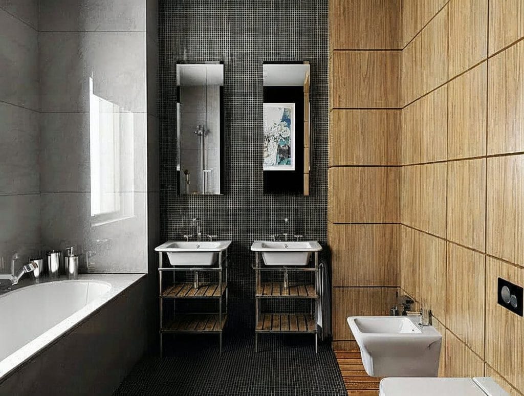 Modern bathroom with textured tiling by DECORILLA designe Alicja S