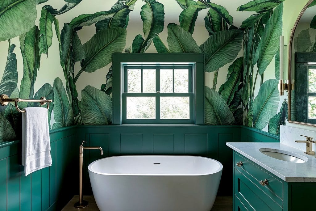 Tropical ceiling wallpaper bathroom design by Decorilla