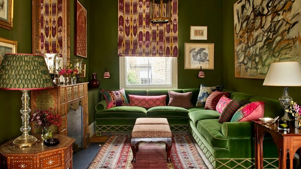 Velvet, brass and wood meet in a loud luxury layout by Decorilla