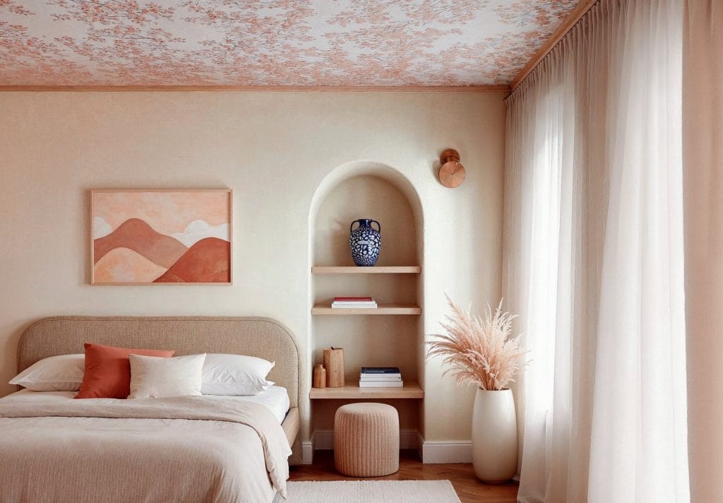 Wallpaper on a ceiling of a pink bedroom by Decorilla