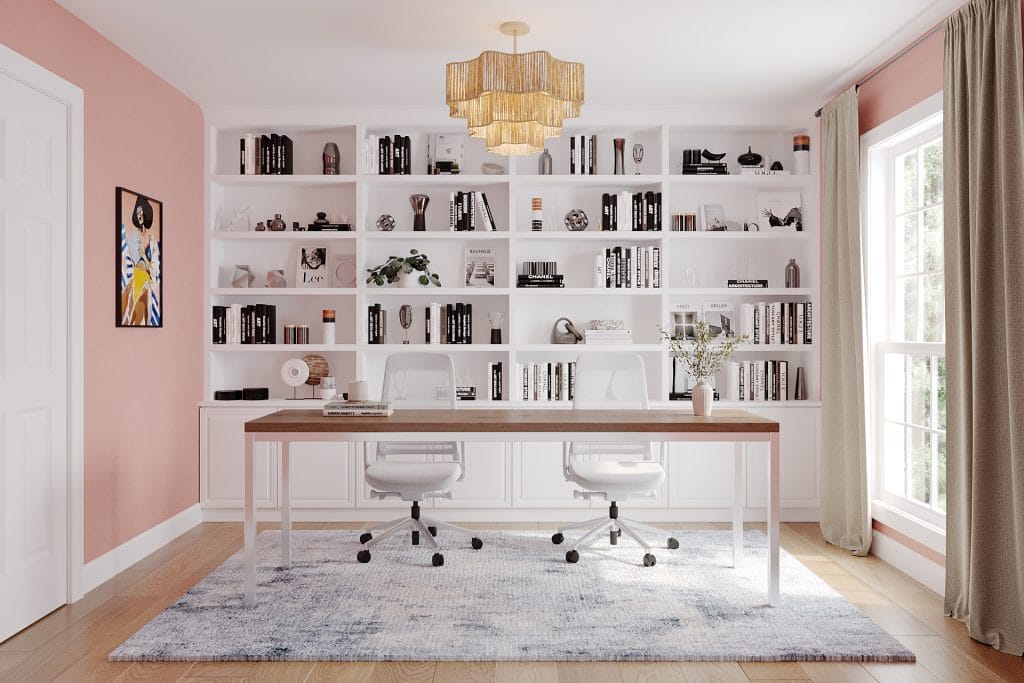 Built-in shelves define this home office reading room design by Decorilla