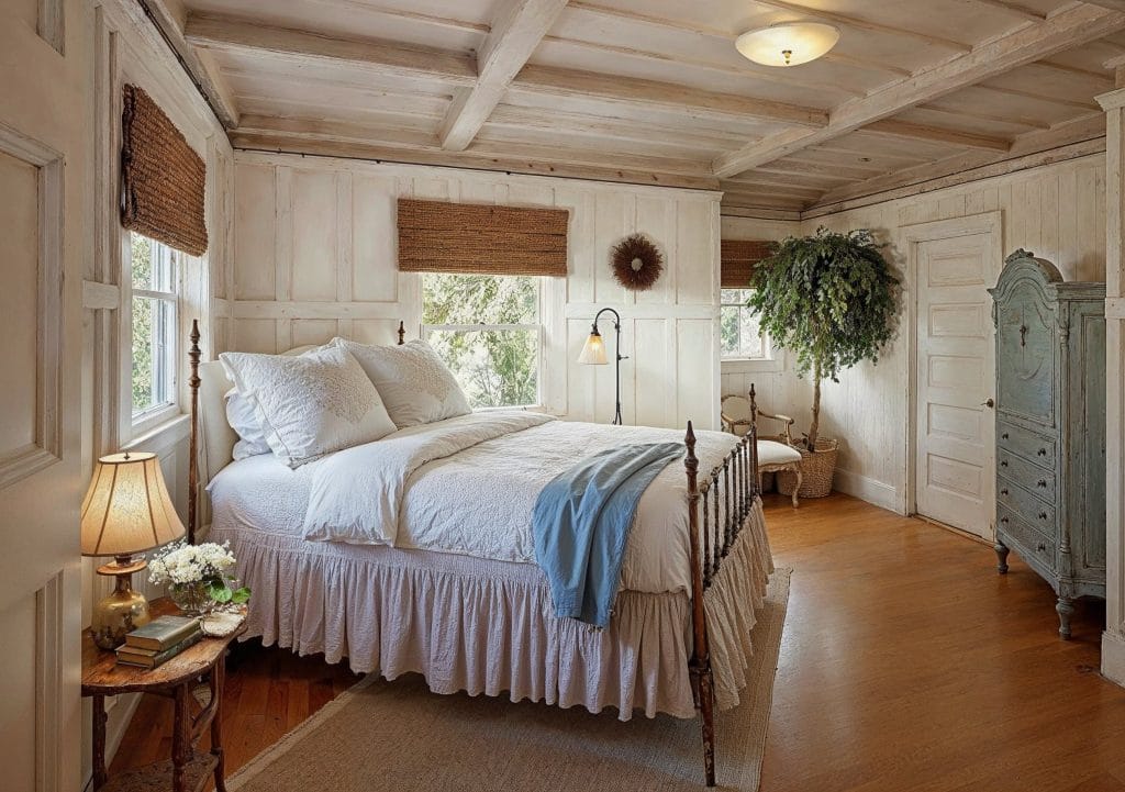 Diagonal bed position in a shabby chic bedroom by Decorilla