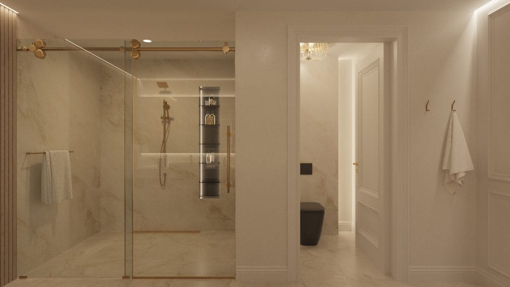 High-end restroom design inside the luxury office interior project by Decorilla