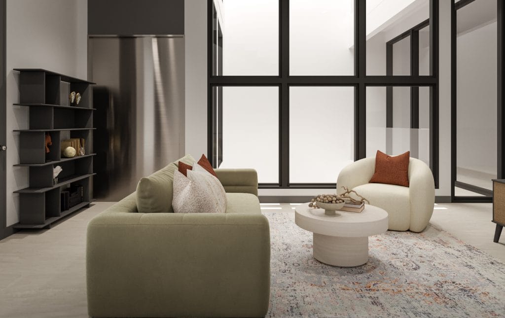 Modern neutral living room interior design by Decorilla