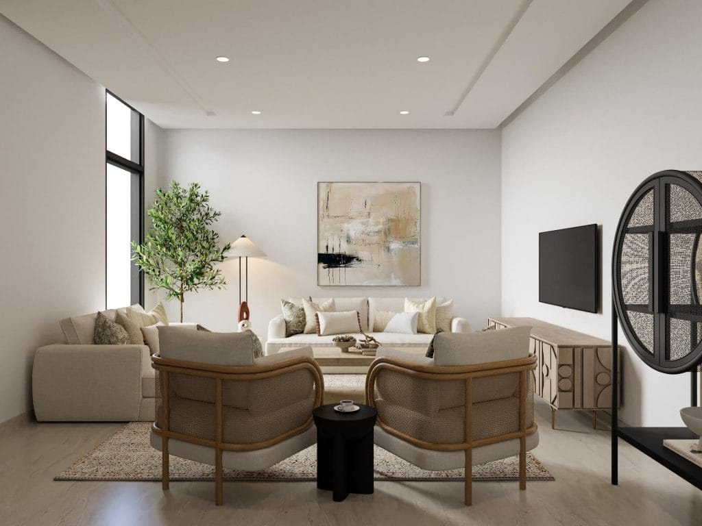 Modern neutral living room interior design by Decorilla