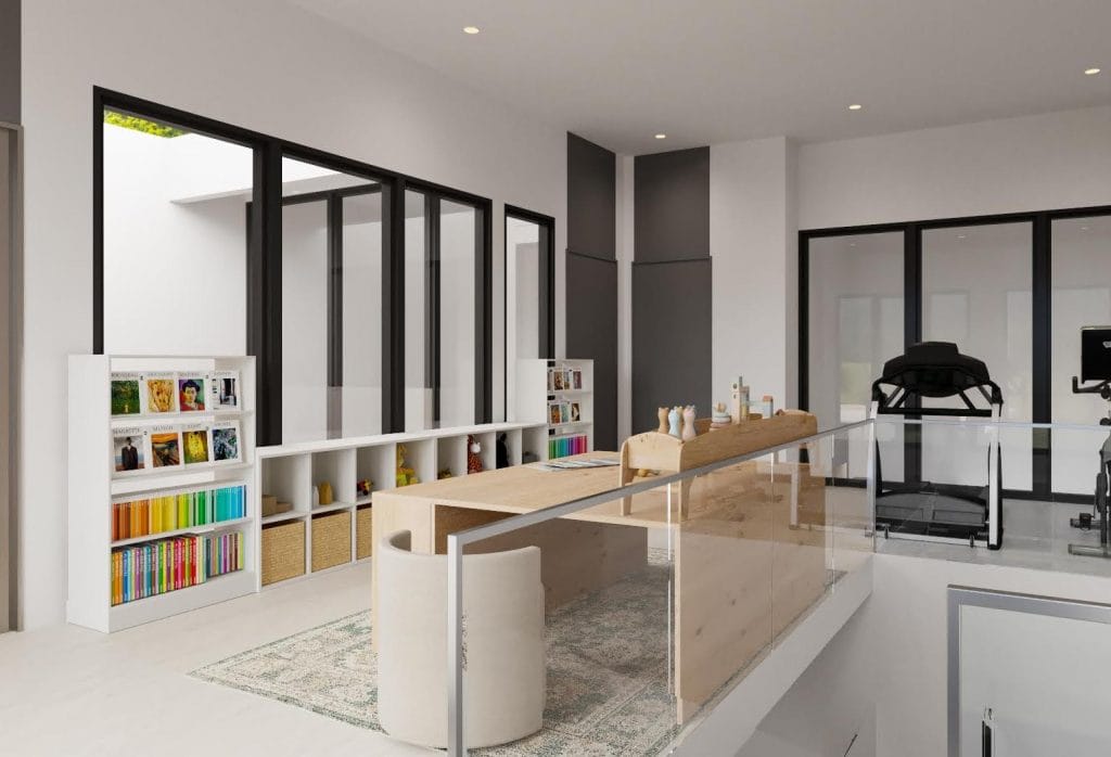 Modern neutral playroom interior by Decorilla