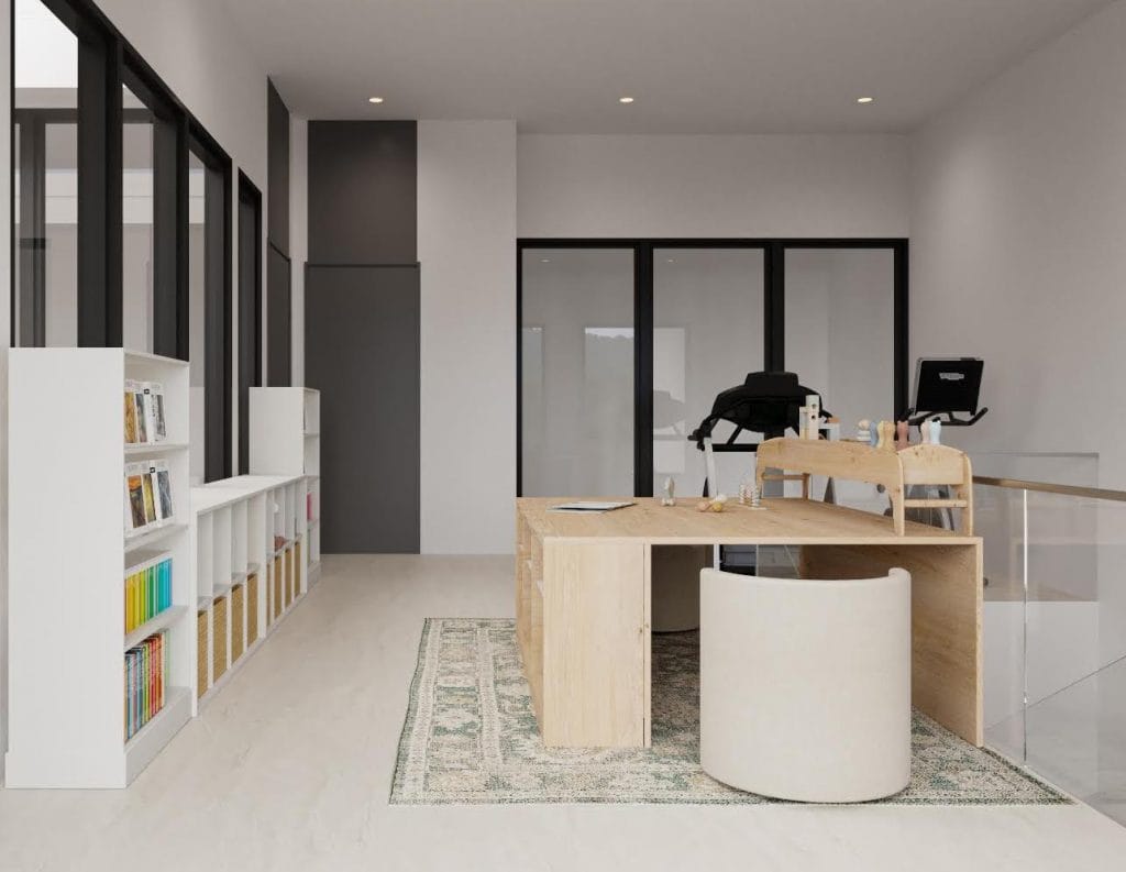 Modern neutral playroom interior design by Decorilla
