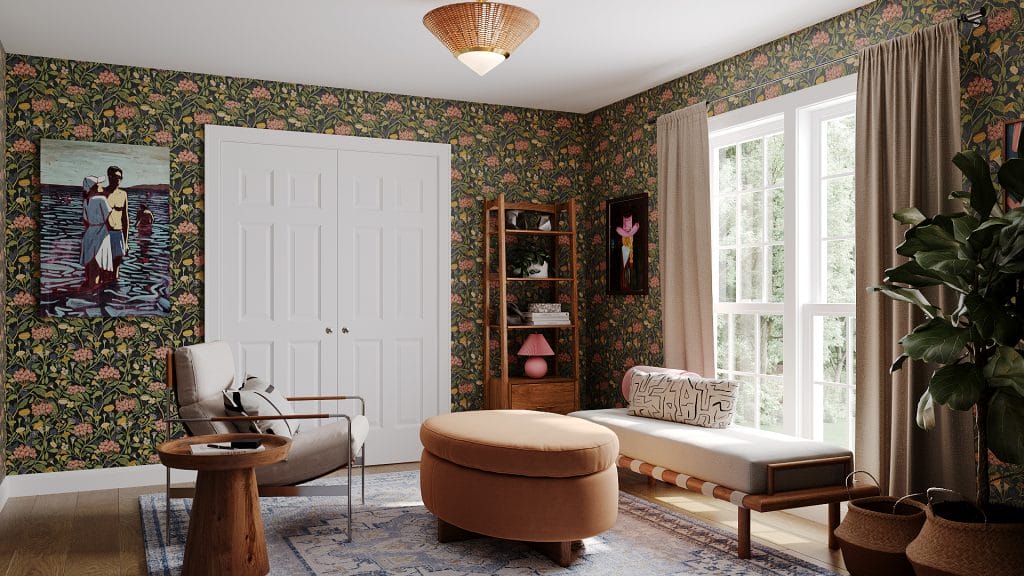 Natural light and soft textures shape this reading room decor by Decorilla