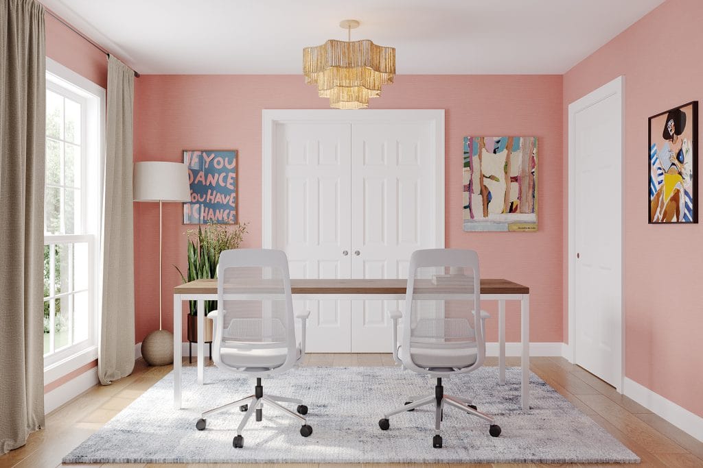 Symmetry and tone guide this home office design by Decorilla