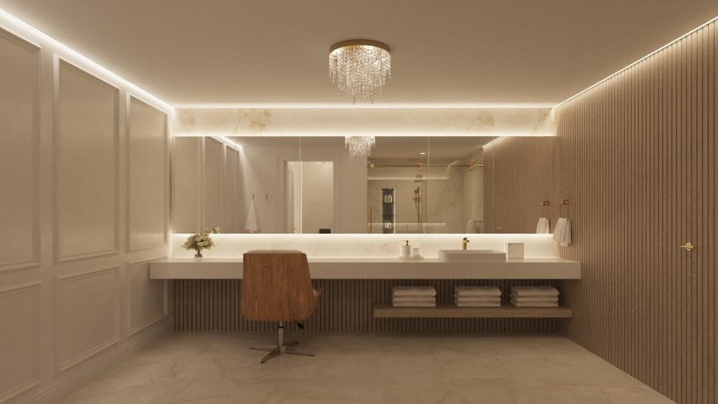 Upscale restroom inside the luxury office interior project by Decorilla