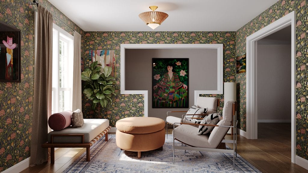 Vintage lighting and floral wallpaper in a reading room by Decorilla