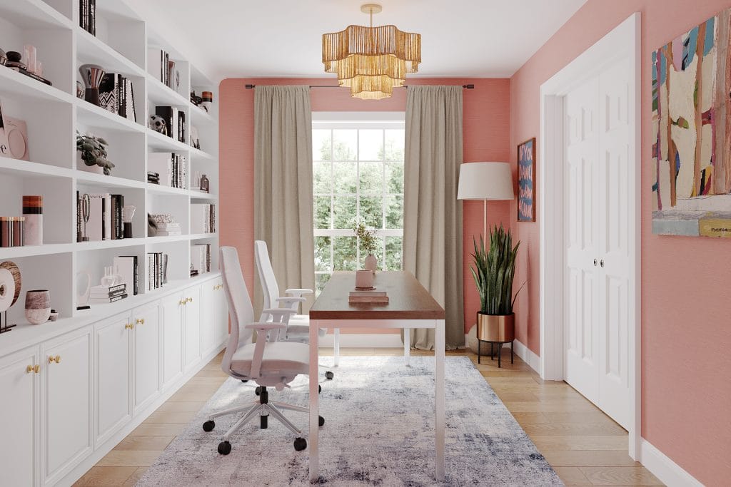 Workspace and reading zone combine in this reading room design by Decorilla
