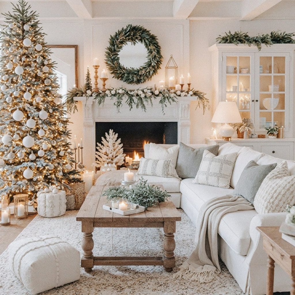 Modern seasonal fireplace mantel decor in a room by Decorilla