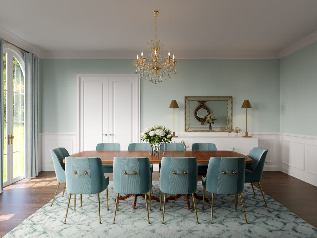 Transitional formal dining room layout by Decorilla