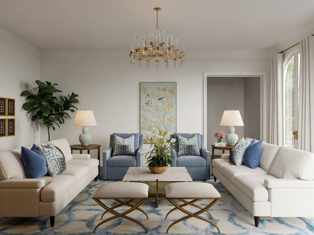 Transitional formal living room layout by Decorilla