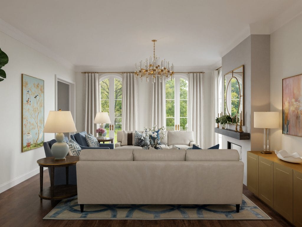Transitional setup in a formal living room by Decorilla