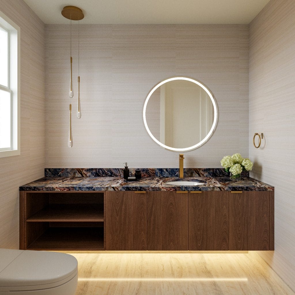 Circular mirrors create a focal point in this modern minimal powder room interior by Decorilla