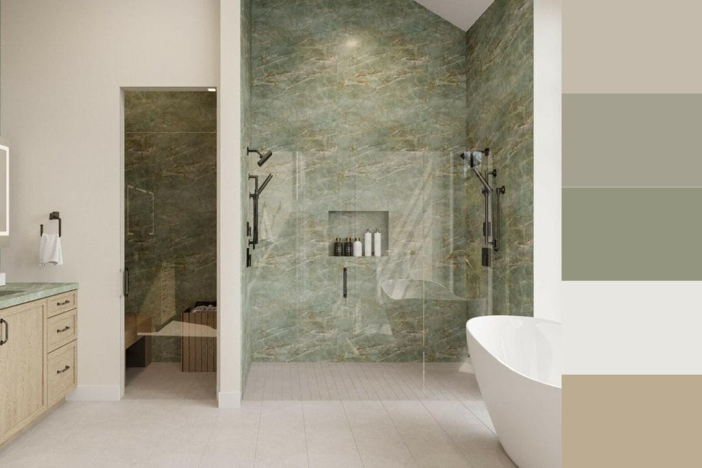 Earth tone bathroom design by Decorilla designer, Wanda P.