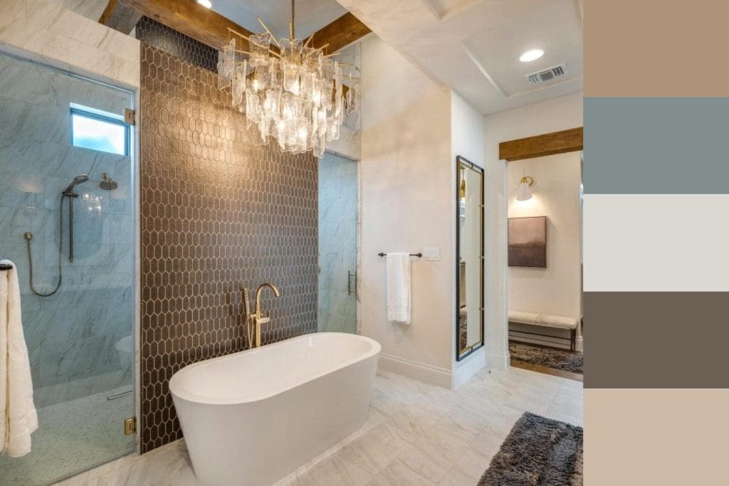 Earthy-toned transitional bathroom interior by Decorilla designer, Erica G.