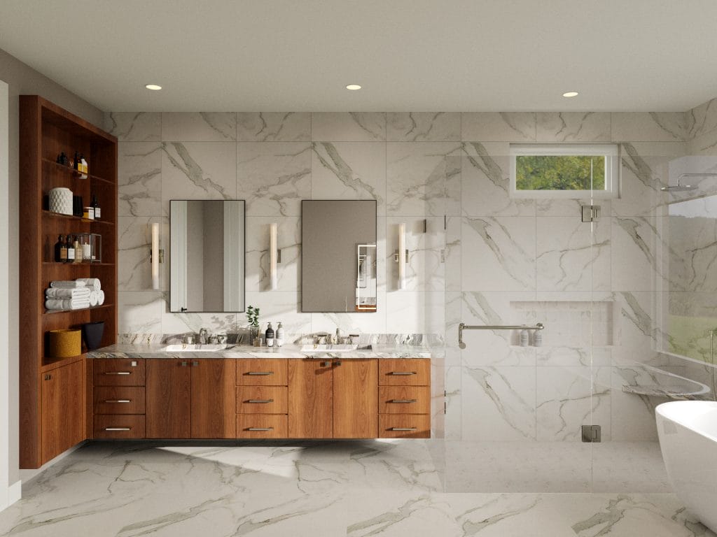 Floating vanities define this modern minimal interior by Decorilla