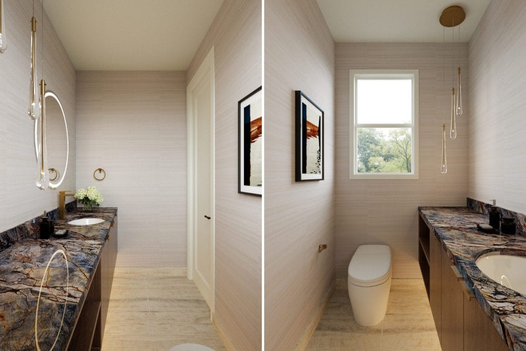 Glass pendants add refinement to modern minimal powder room interior by Decorilla