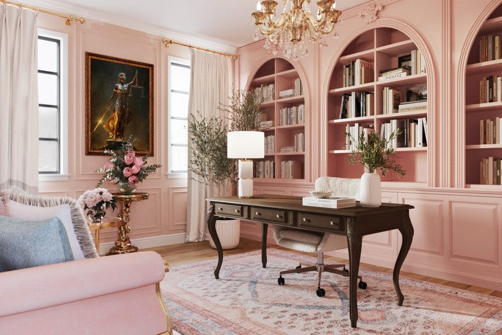 French interior design of a home office with a library, by Decorilla