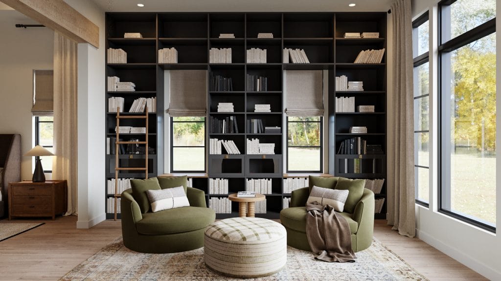 Bedroom sitting area in a modern Tudor house interior by Decorilla