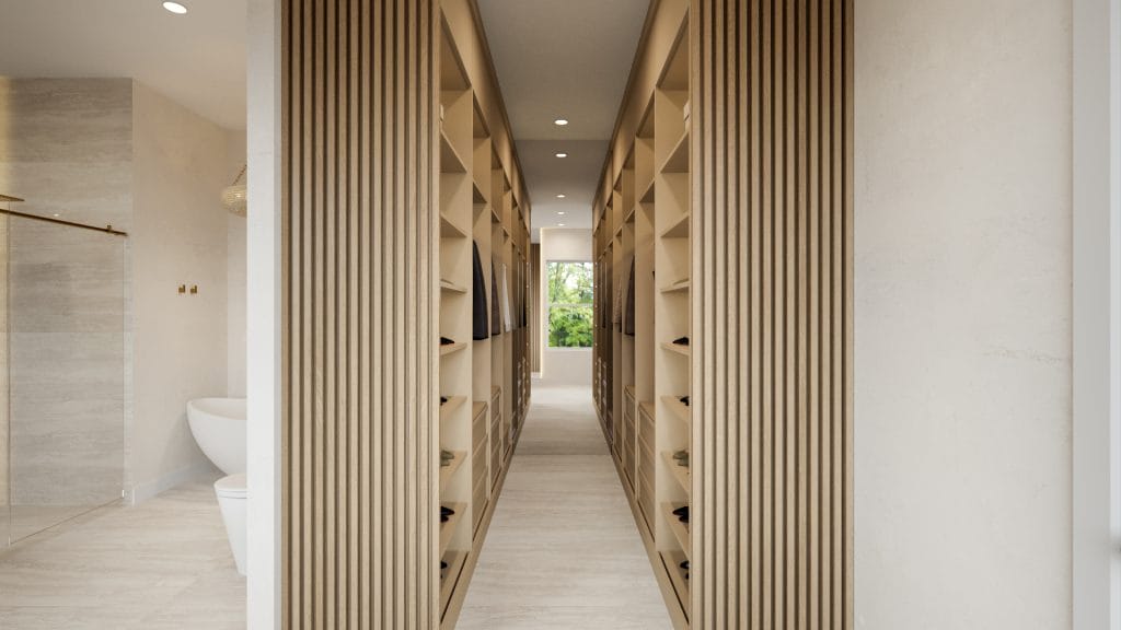 Modern luxury bathroom design with a walk-through wardrobe, by Decorilla