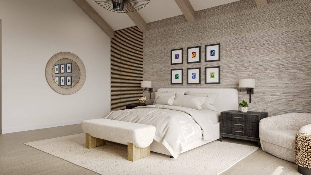Bedroom in a luxurious master suite designed by Decorilla