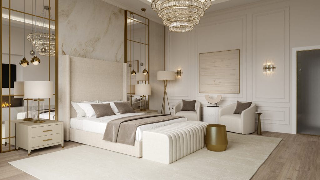 Glam transitional primary bedroom by Decorilla