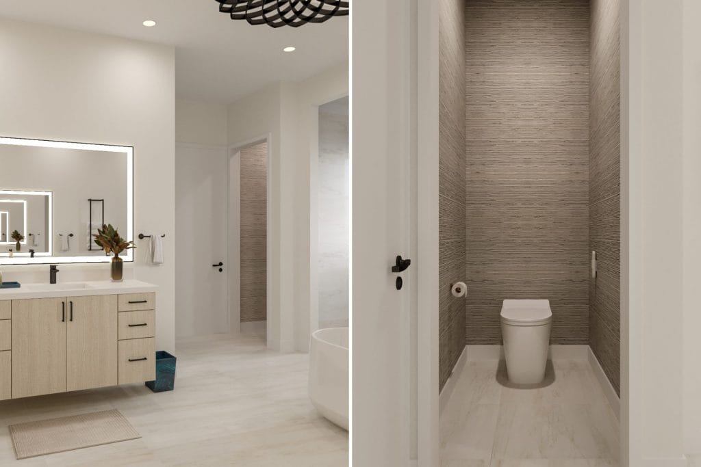 Luxurious master bedroom suite's bathroom and powder room designed by Decorilla
